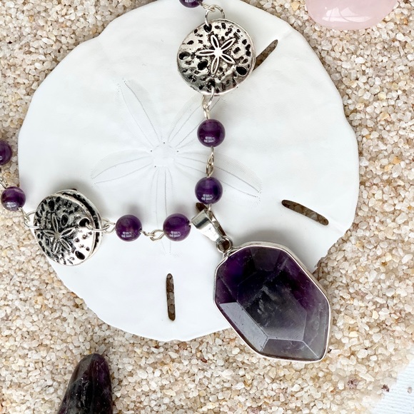 Genuine Amethyst & Sand Dollar Beaded Necklace with Amethyst Pendant - Picture 3 of 5